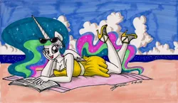 Size: 1952x1136 | Tagged: anthro, artist:newyorkx3, beach, clothes, derpibooru import, dress, high heels, plantigrade anthro, princess celestia, raised eyebrow, safe, solo, sundress, sunglasses, traditional art