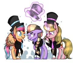 Size: 5500x4500 | Tagged: safe, artist:jandi-seal, derpibooru import, oc, unofficial characters only, earth pony, pegasus, pony, unicorn, absurd resolution, clothes, eyebrows, hat, magic, suit, telekinesis, top hat