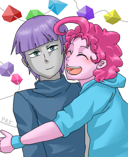 Size: 450x550 | Tagged: safe, artist:prk, derpibooru import, maud pie, pinkie pie, equestria girls, brothers, bubble berry, equestria guys, male, maulder berry, pixiv, rule 63, smiling