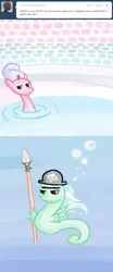 Size: 500x1200 | Tagged: safe, artist:alipes, derpibooru import, pinkie pie, sea pony, ask pinkie pierate, ask, bath, comic, hat, pirate, spear, tumblr, underwater, weapon