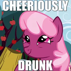 Size: 600x600 | Tagged: animation error, apple, caption, cheerilee, cheerious, cider, derpibooru import, drink, drinking, drunk, happy, image macro, mug, pun, safe, screencap, smiling, solo, the super speedy cider squeezy 6000, tree, wrong eye color