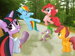 Size: 1024x768 | Tagged: artist:nikorurene, artist:proenix, artist:quanno3, artist:sulyo, artist:tamalesyatole, artist:yetioner, derpibooru import, irl, jumping, photo, pinkie pie, ponies in real life, rainbow dash, road, saddle bag, safe, scootaloo, shadow, spike, twilight sparkle, vector