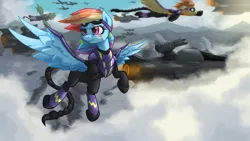 Size: 1420x800 | Tagged: airship, armor, artist:darksittich, clothes, cloudship, costume, derpibooru import, enclave, enclave armor, enclave raptor, epic, fallout equestria, flying, goggles, grand pegasus enclave, ministry mares, ministry of awesome, power armor, rainbow dash, safe, scar, scorpion tail, shadowbolt armor, shadowbolt dash, shadowbolts, spitfire