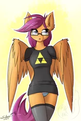Size: 1000x1500 | Tagged: anthro, artist:silverfox057, ask, ask nerdy scootaloo, blue underwear, clothes, dork, dress, female, glasses, hilarious in hindsight, older, panties, pegasus, scootaloo, sexy, shirt, socks, solo, solo female, stockings, striped underwear, suggestive, the legend of zelda, thigh highs, thighs, triforce, t-shirt, tumblr, underwear, wing fluff