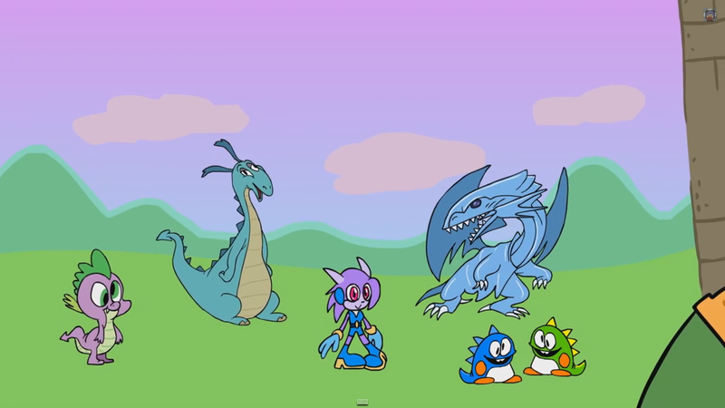 Size: 1920x1080 | Tagged: blue-eyes white dragon, bob, bobblun, bobby, bub, bubble bobble, bubblun, bubby, crossover, derp, derpibooru import, dragon, freedom planet, lilac, lore, safe, sash lilac, spike, taito, the reluctant dragon, yu-gi-oh!