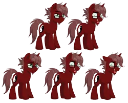 Size: 1683x1353 | Tagged: safe, alternate version, artist:thegamblehorse, deleted from derpibooru, derpibooru import, oc, oc:sojourner, unofficial characters only, pony, unicorn, bored, brown mane, cutie mark, expressions, eyewear, floppy ears, frown, frustrated, glasses, goatee, green eyes, insanity, looking at you, messy mane, red fur, simple background, smiling, transparent background, yin-yang