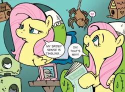 Size: 1087x800 | Tagged: safe, artist:katiecandraw, derpibooru import, idw, cave troll jim, fluttershy, cave troll, pegasus, pony, spider, cute, female, fluttershy being fluttershy, heart, magazine, mare, needs more jpeg, picture frame, spider-sense