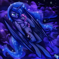Size: 894x894 | Tagged: artist:glitteronin, azuna, cute, derpibooru import, female, filly, foal, hug, missing accessory, mother and daughter, night, oc, oc:seline, offspring, on back, open mouth, parent:oc:azure night, parent:princess luna, parents:azuna, parents:canon x oc, princess luna, safe, size difference, smiling, stars, underhoof