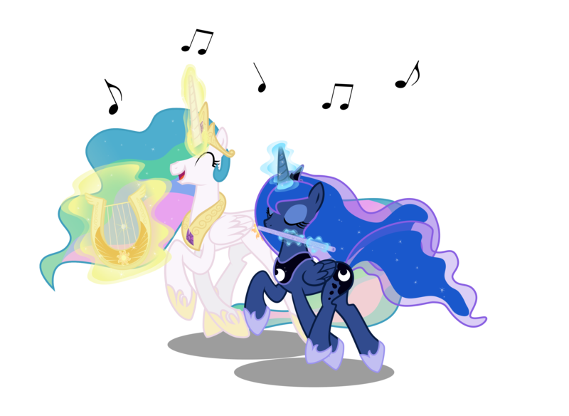 Size: 3500x2556 | Tagged: safe, artist:light262, derpibooru import, princess celestia, princess luna, alicorn, pony, cute, cutelestia, ethereal mane, ethereal tail, eyes closed, female, flute, happy, high res, hoof shoes, image, jewelry, lyre, magic, magic aura, music notes, musical instrument, open mouth, open smile, peytral, playing instrument, png, prancing, royal sisters, siblings, simple background, sisters, smiling, telekinesis, tiara, transparent background, trotting, vector