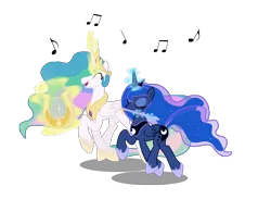 Size: 3500x2556 | Tagged: safe, artist:light262, derpibooru import, princess celestia, princess luna, alicorn, pony, cute, cutelestia, ethereal mane, ethereal tail, eyes closed, female, flute, happy, high res, hoof shoes, image, jewelry, lyre, magic, magic aura, music notes, musical instrument, open mouth, open smile, peytral, playing instrument, png, prancing, royal sisters, siblings, simple background, sisters, smiling, telekinesis, tiara, transparent background, trotting, vector