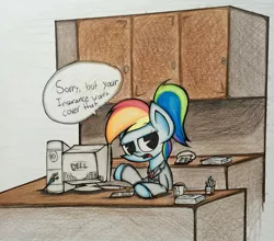 Size: 1024x901 | Tagged: artist:pelate, computer, dell, derpibooru import, insurance, office, professionalism, rainbow dash, safe, solo, traditional art