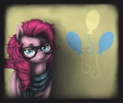 Size: 1280x1080 | Tagged: artist:thepolymath, artist:ventious, clothes, cutie mark background, edit, glasses, hipster, hispterpie, pinkie pie, safe, scarf, solo