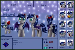 Size: 1098x728 | Tagged: safe, artist:pridark, derpibooru import, oc, oc:blue horizon, unofficial characters only, bat pony, pony, emotions, female, filly, hair bow, mare, reference sheet, smiling, solo