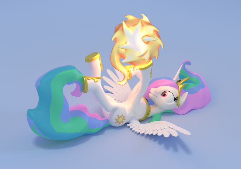 Size: 2000x1400 | Tagged: 3d, artist:uncommented, behaving like a cat, cute, cutelestia, derpibooru import, grin, happy, hoofy-kicks, legs in air, on back, playing, princess celestia, safe, smiling, solo, spread wings, sun, tangible heavenly object