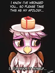 Size: 720x960 | Tagged: safe, artist:lumineko, derpibooru import, gilda, gryphon, 30 minute art challenge, apology, blushing, cake, cheesecake, cute, dialogue, female, frown, gildadorable, head carry, hilarious in hindsight, looking away, purified, reformed, sad, solo