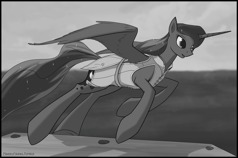 Size: 887x592 | Tagged: airship, artist:marbleyarns, captain luna, clothes, flying, grayscale, monochrome, princess luna, safe, solo, under a paper moon