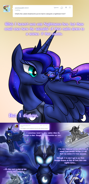 Size: 1280x2640 | Tagged: airship, armor, artist:zedrin, ask gamer luna, ask human luna, ask my little chubbies, askprincessluna, ask princess molestia, bicorne, captain luna, chubbie, controller, derpibooru import, dreamwarden, filly, gamer luna, glowing eyes, hat, human, humanized, magic, moonstuck, princess luna, safe, telekinesis, tumblr, tumblr crossover, under a paper moon, woona