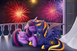 Size: 800x533 | Tagged: safe, artist:exceru-karina, derpibooru import, twilight sparkle, twilight sparkle (alicorn), oc, oc:zephyr, alicorn, pony, balcony, canon x oc, female, fireworks, kissing, mare, twiphyr