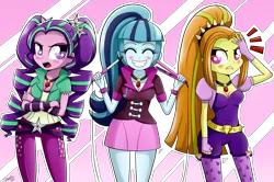 Size: 1830x1214 | Tagged: safe, artist:riouku, derpibooru import, adagio dazzle, aria blaze, sonata dusk, equestria girls, rainbow rocks, alternate hairstyle, blushing, curling iron, drill hair, flat iron, ponytail, princess curls, the dazzlings