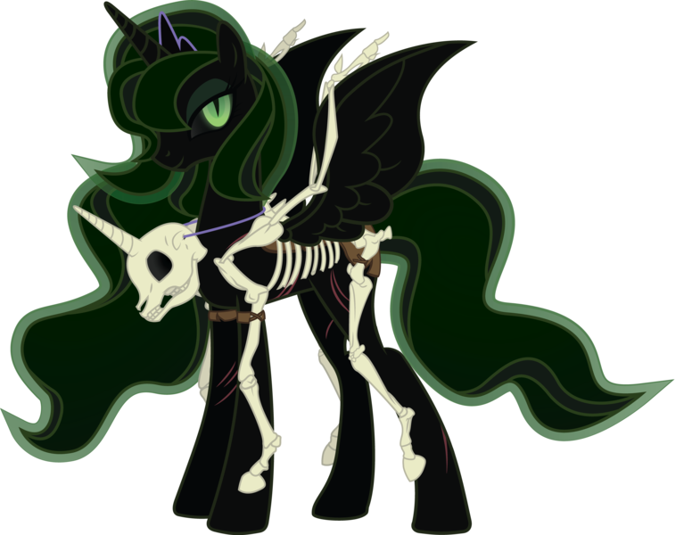 Size: 4889x3778 | Tagged: safe, artist:geekladd, derpibooru import, oc, oc:nightseer, unofficial characters only, alicorn, pony, fallout equestria, fanfic, alicorn oc, artificial alicorn, blank flank, bone, fanfic art, female, green alicorn (fo:e), hooves, horn, jewelry, luna's skeleton, luna's tiara, mare, regalia, simple background, skeleton, solo, spread wings, tiara, transparent background, wings