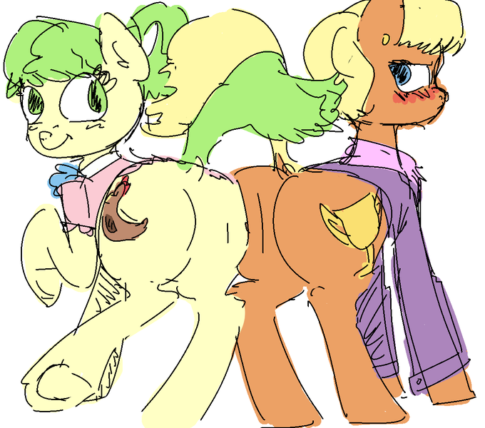 Size: 1167x1029 | Tagged: suggestive, artist:nobody, derpibooru import, chickadee, ms. harshwhinny, ms. peachbottom, earth pony, pony, blushing, butt bump, butt to butt, butt touch, clothes, duo, duo female, female, looking at you, looking back, looking back at you, mare, plot, plot pair, simple background, white background