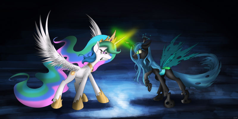 Size: 4000x2000 | Tagged: safe, artist:flamevulture17, derpibooru import, princess celestia, queen chrysalis, glowing horn