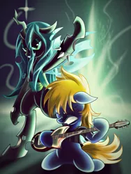 Size: 1500x2000 | Tagged: safe, artist:ruhisu, derpibooru import, queen chrysalis, oc, oc:princess pomerania, earth pony, pony, clothes, concert, duo, electric guitar, grimace, guitar, heavy metal, looking at you, music, performance, powerslide, slide, smiling, t-shirt