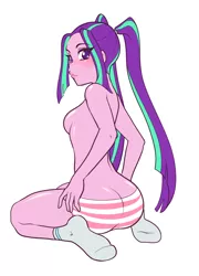 Size: 1280x1776 | Tagged: suggestive, artist:rileyav, derpibooru import, aria blaze, equestria girls, rainbow rocks, arse-ia blaze, ass, blushing, breasts, busty aria blaze, butt, clothes, female, image, looking at you, looking back, nudity, panties, partial nudity, png, sideboob, simple background, socks, solo, solo female, striped underwear, the ass was fat, topless, underwear, white background