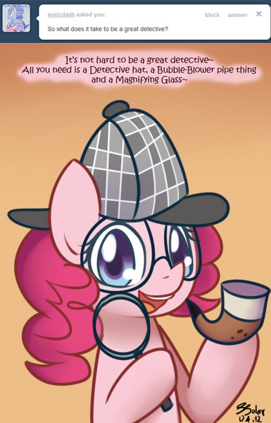 Size: 500x779 | Tagged: artist:solar-slash, ask, ask pinkie pie solutions, derpibooru import, detective, glasses, hat, magnifying glass, pinkie pie, pipe, safe, solo, tumblr