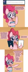 Size: 900x2243 | Tagged: safe, artist:solar-slash, derpibooru import, pinkie pie, ask pinkie pie solutions, ask, book, glasses, solo, tumblr