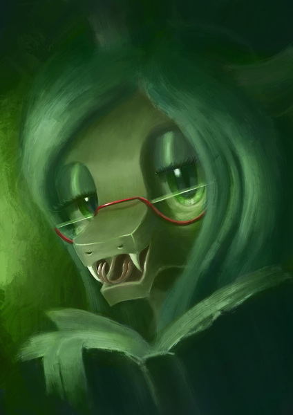 Size: 1240x1754 | Tagged: safe, artist:plainoasis, derpibooru import, queen chrysalis, book, fangs, forked tongue, glasses, looking at you, solo, tongue out