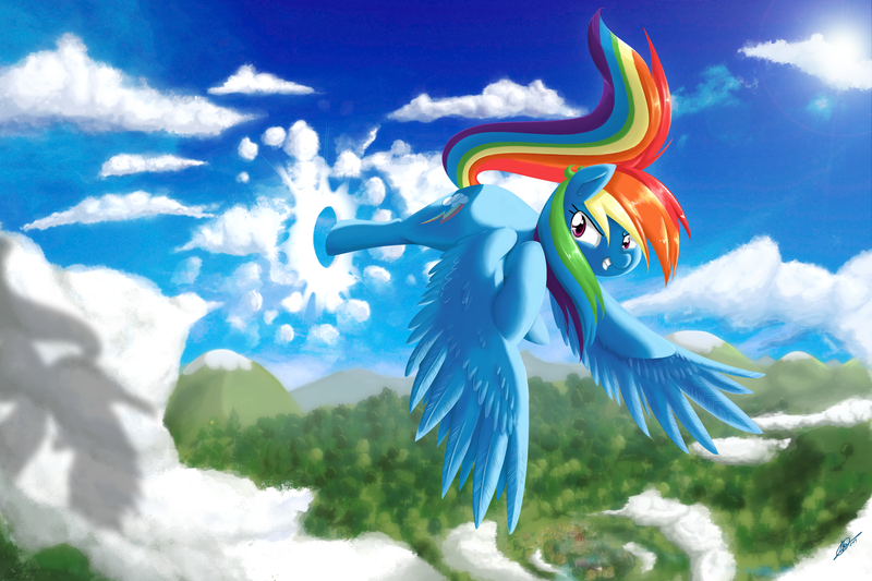 Size: 3240x2160 | Tagged: artist:alskylark, cloud, cloud busting, cloudy, derpibooru import, rainbow dash, safe, solo