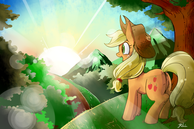 Size: 1500x1000 | Tagged: safe, artist:renokim, derpibooru import, applejack, earth pony, pony, crepuscular rays, cute, hat, jackabetes, lens flare, open mouth, pixiv, solo, sun, sunrise, tree