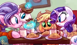 Size: 1280x754 | Tagged: safe, artist:whitediamonds, derpibooru import, applejack, cookie crumbles, hondo flanks, rarity, earth pony, pony, unicorn, fanfic, blushing, clothes, coffee, cookieflanks, double date, fanfic art, female, freckles, how far away you roam, lesbian, magic, male, mare, moustache, rarijack, rarijack daily, rarity's parents, shipping, stallion, sweat