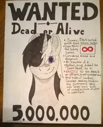 Size: 1432x1766 | Tagged: safe, artist:laughingwolf131, derpibooru import, oc, oc:nate scorpio, unofficial characters only, alicorn, pony, alicorn oc, eyepatch, smirk, solo, traditional art, wanted poster