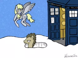 Size: 1024x768 | Tagged: safe, artist:weronika2808, derpibooru import, derpy hooves, doctor whooves, time turner, pegasus, pony, doctor whooves is not amused, doctorderpy, female, male, mare, shipping, snow, snowfall, straight, tardis, unamused, winter