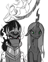 Size: 931x1212 | Tagged: angry, artist:mickeymonster, derpibooru import, discord, floppy ears, frown, king sombra, monochrome, neo noir, partial color, queen chrysalis, safe, unamused