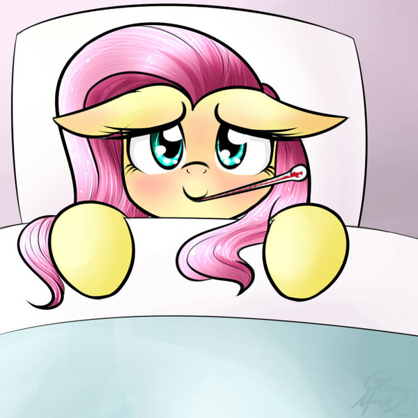 Size: 750x750 | Tagged: safe, artist:its-gloomy, derpibooru import, fluttershy, pony, bed, blanket, bust, cute, female, floppy ears, looking at you, mare, mouth hold, sick, smiling, solo, thermometer