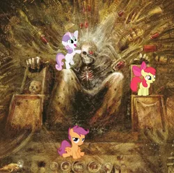 Size: 604x598 | Tagged: safe, artist:john blanche, derpibooru import, apple bloom, scootaloo, sweetie belle, earth pony, human, pegasus, pony, unicorn, bipedal, cutie mark crusaders, female, filly, frown, glare, god-emperor of mankind, gritted teeth, life support, open mouth, photoshop, sitting, slapped on ponies, smiling, this will end in tears and/or death, this will end in warp storms, warhammer (game), warhammer 40k