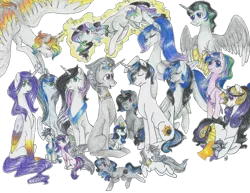 Size: 1024x792 | Tagged: artist:fountainstranger, colored wings, derpibooru import, group, multicolored hair, multicolored wings, oc, oc:prince adonis, oc:prince borealis, oc:prince eclipse, oc:prince equinox, oc:prince northern lights, oc:prince silver eclipse, oc:prince solar eclipse, oc:princess amara, oc:princess amity, oc:princess aria, oc:princess aurora, oc:princess daybreak, oc:princess elipsa, oc:princess lumina, oc:princess penumbra, oc:princess shimmer dusk, offspring, parent:good king sombra, parent:king sombra, parent:princess celestia, parents:celestibra, safe, unofficial characters only