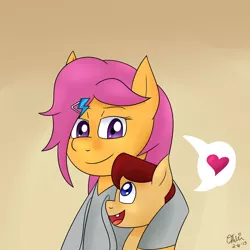 Size: 2000x2000 | Tagged: safe, artist:opheliathepainter, derpibooru import, scootaloo, oc, oc:lightning blitz, pegasus, pony, baby, baby pony, clothes, colt, heart, hoodie, male, mother and son, motherly scootaloo, offspring, parent:rain catcher, parent:scootaloo, parents:catcherloo, teenager, tooth