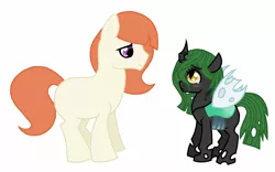 Size: 1280x800 | Tagged: safe, artist:unoriginai, derpibooru import, changeling queen oc, oc, oc:prince dawn, oc:princess larva, unofficial characters only, changeling, changeling queen, earth pony, pony, blank flank, female, magical lesbian spawn, male, oc x oc, offspring, offspring shipping, parent:princess celestia, parent:queen chrysalis, parent:twilight sparkle, parent:unnamed oc, parents:canon x oc, parents:twilestia, shipping, simple background, straight, white background