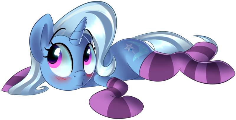 Size: 1971x1001 | Tagged: safe, artist:january3rd, derpibooru import, trixie, pony, unicorn, blushing, clothes, female, mare, simple background, socks, solo, striped socks, transparent background