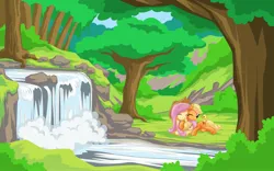 Size: 2560x1600 | Tagged: accessory swap, applejack, appleshy, artist:mysticalpha, derpibooru import, duckling, female, fluttershy, lesbian, resting, safe, shipping, wallpaper, waterfall