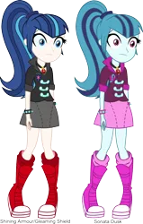 Size: 1000x1571 | Tagged: safe, artist:alkonium, artist:mit-boy, derpibooru import, shining armor, sonata dusk, equestria girls, clothes, comparison, gleaming shield, light skin, ponytail, rule 63, shining sonata, simple background, skirt, transparent background, vector