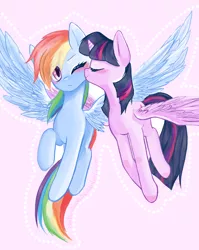 Size: 700x881 | Tagged: safe, artist:chokico, derpibooru import, rainbow dash, twilight sparkle, twilight sparkle (alicorn), alicorn, pony, blushing, eyes closed, female, kiss on the cheek, kissing, lesbian, mare, one eye closed, shipping, twidash