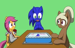 Size: 1280x819 | Tagged: safe, artist:samrosemodblog, derpibooru import, scootaloo, oc, oc:lightning blitz, oc:sandy hooves, oc:sonic dash, ponified, earth pony, pegasus, pony, ask pregnant scootaloo, comic:ask motherly scootaloo, baby, baby pony, birthday cake, cake, colt, crossover, female, green background, happy birthday, holding a pony, male, mare, mother and son, motherly scootaloo, offspring, older, parent:rain catcher, parent:scootaloo, parents:catcherloo, simple background, sonic the hedgehog, sonic the hedgehog (series), sweatshirt