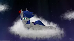 Size: 1191x670 | Tagged: safe, artist:ask-bluehorizon, derpibooru import, oc, oc:blue horizon, unofficial characters only, bat pony, pony, bedroom eyes, cloud, cloudy, female, hair bow, mare, night sky, side, solo