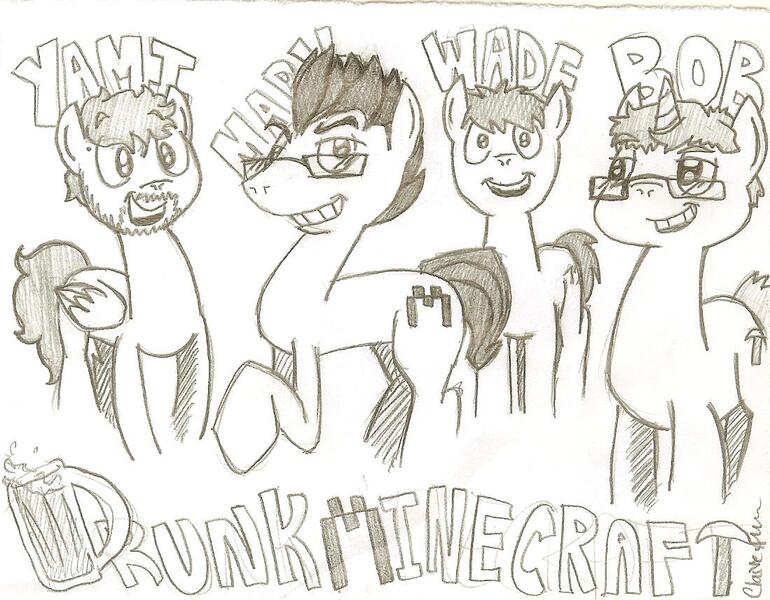 Size: 1099x856 | Tagged: artist:hoboknifed, bob, derpibooru import, drunk minecraft, lordminion777, markiplier, monochrome, muyskerm, ponified, safe, traditional art, wade, yamimash