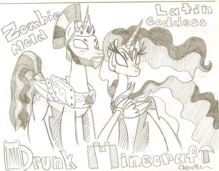 Size: 1099x856 | Tagged: safe, artist:hoboknifed, derpibooru import, ponified, alicorns, drunk minecraft, latingoddess, monochrome, traditional art, zombiemold